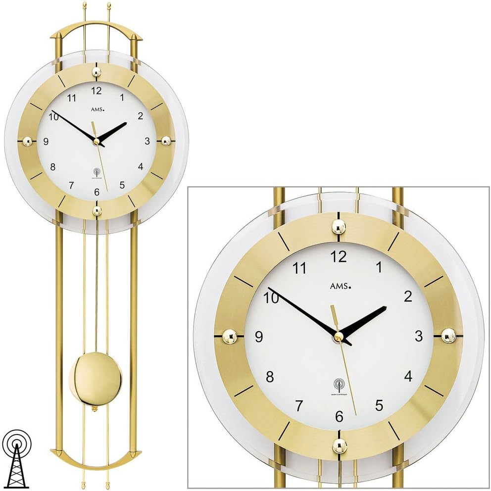 AMS Funkwanduhr 5257 mit glänzendem, messingfarbenem Pendel elegante Funk Pendeluhr Design Wanduhr
