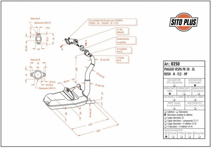 Auspuffanlage LeoVince Komplettanlage SITO PLUS, Stahl, mit Zulassung für Piaggio Vespa HP/PK 50 / X