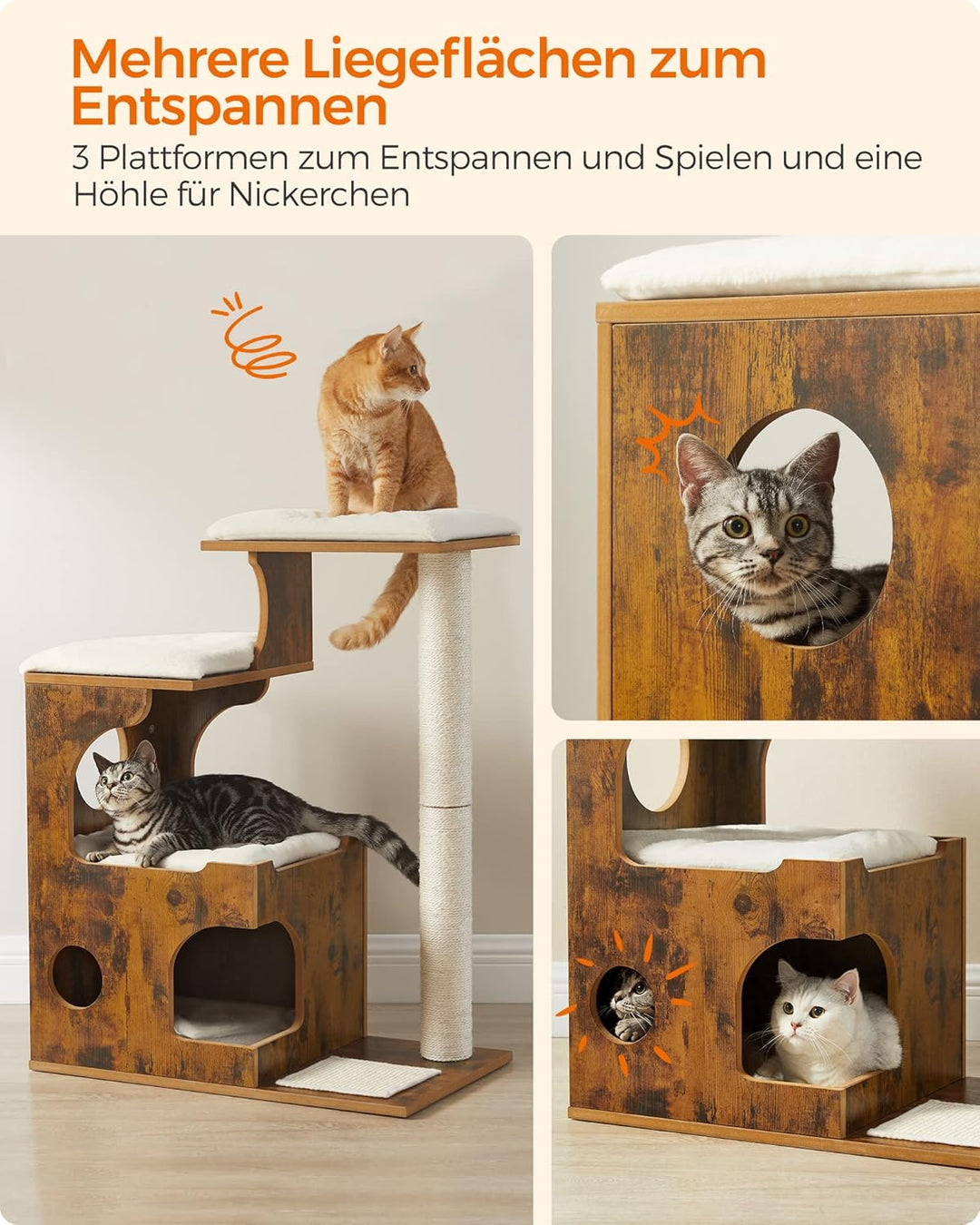 Feandrea Kratzbaum, 86 cm hoher Katzenbaum, Spanplatten-Katzenkratzbaum, mit Höhle, Liegeflächen, Sä