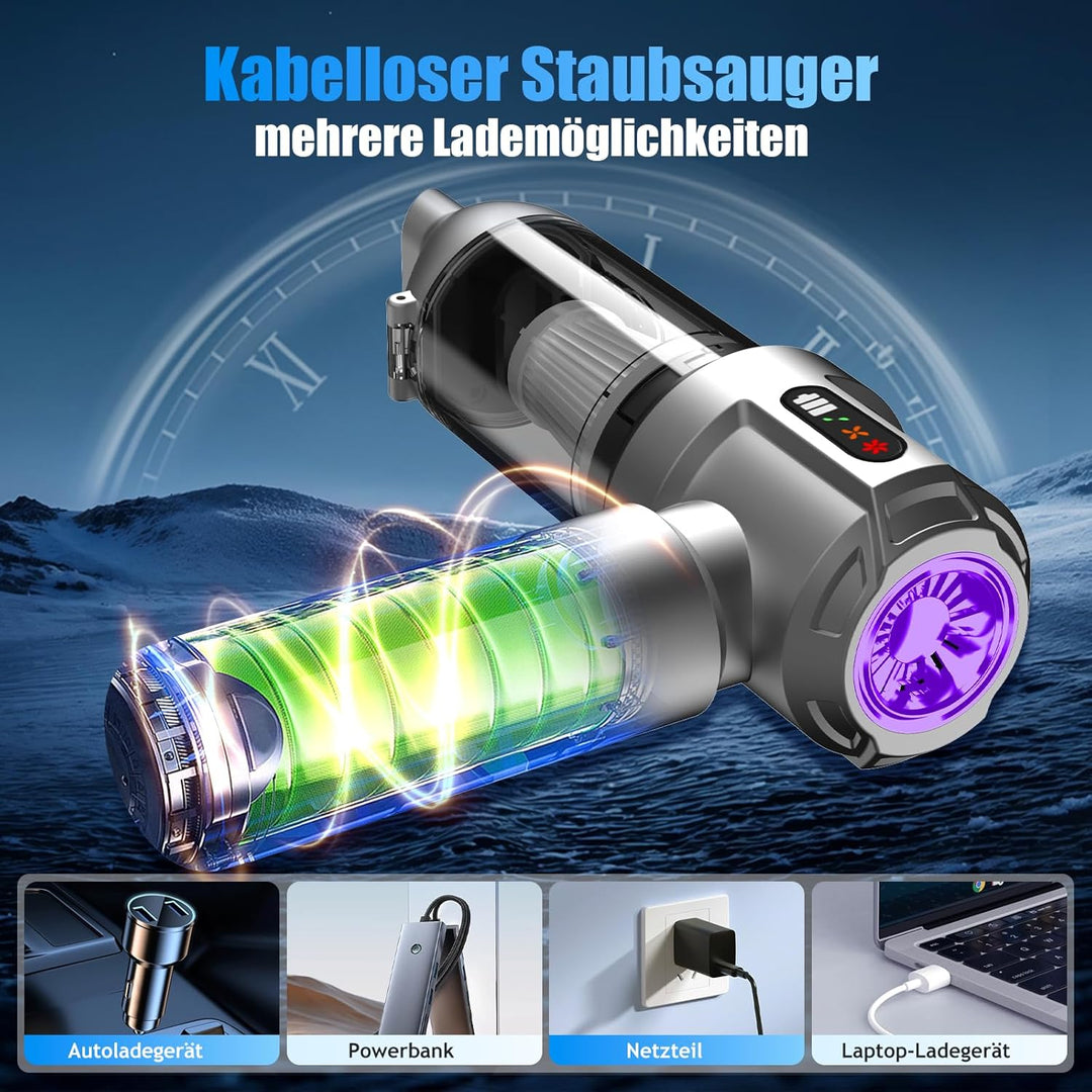 Handstaubsauger Akku, 26000Pa Mini Staubsauger, 6000mAh, 4-in-1 Auto Staubsauger Stark Blasen und Sa