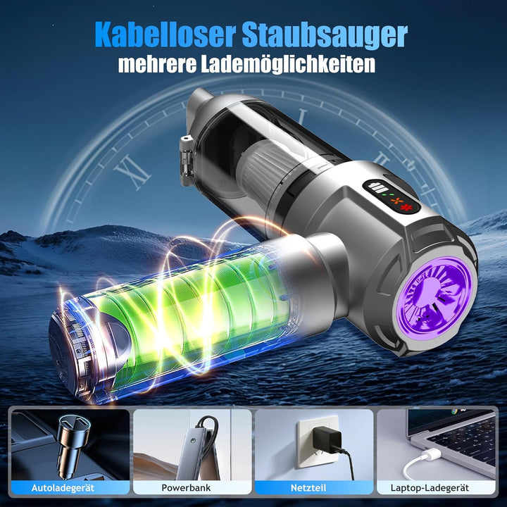 Handstaubsauger Akku, 26000Pa Mini Staubsauger, 6000mAh, 4-in-1 Auto Staubsauger Stark Blasen und Sa