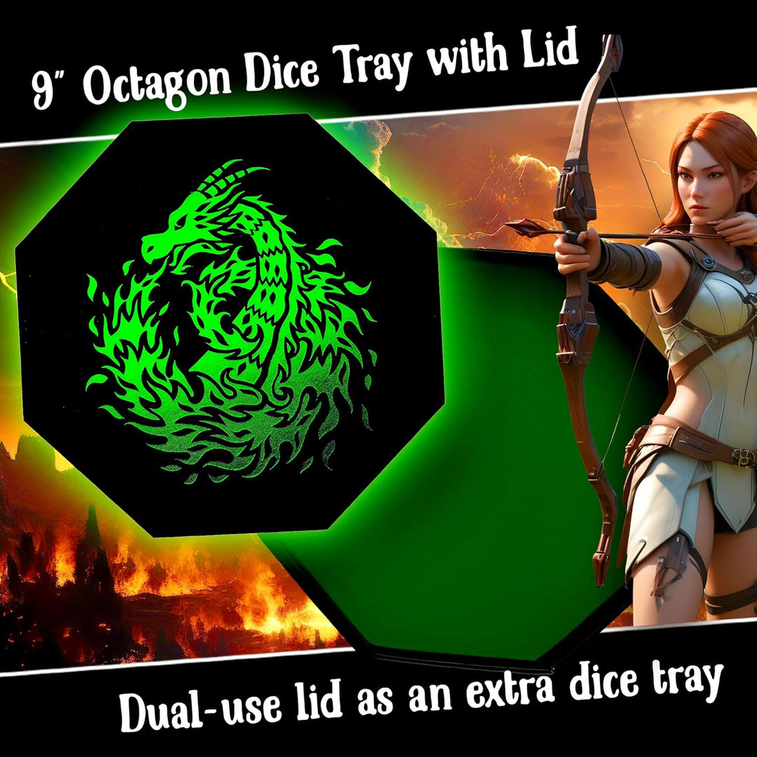 Fantasydice Green Fire Dragon Dice Tray with Wizard Book Print – 23CM Octagon with Dice Staging Area