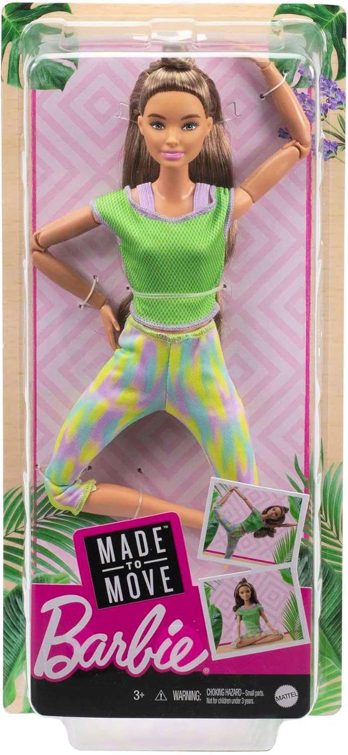 Barbie gxf05,mattel Made to Move Serie Wellness Puppen, Mehrfarbig Brünett im grünen Yoga Outfit, Br