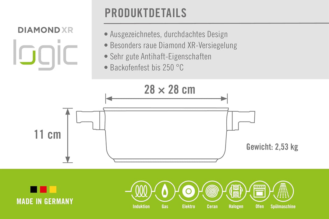 Woll Diamond Logic XR Kasserolle, viereckig mit 2 Seitengriffen - Induktiv -, 28 cm x 28 cm, 11 cm h