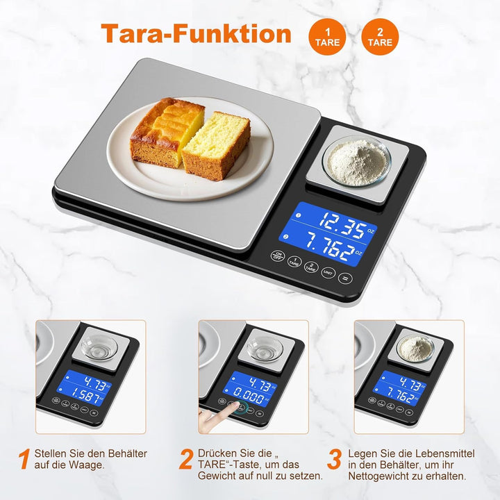 Küchenwaage Digital,Digitale KüChen mit 2 Plattformen 15kg/1g & 500g/0.01g Feinwaage mit 7/6 Einheit