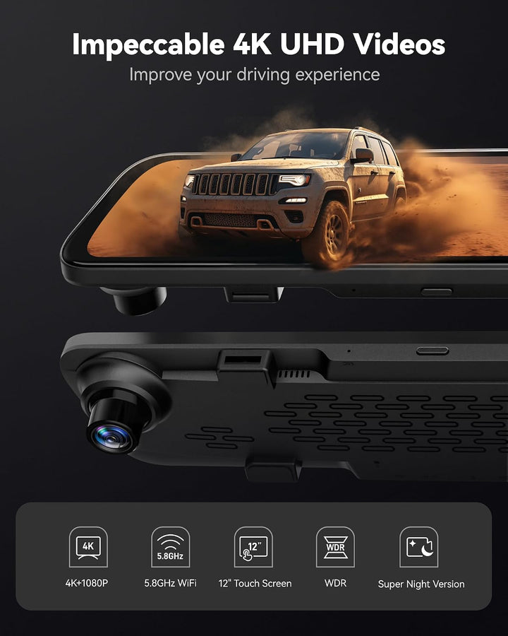 WOLFBOX 12" G840S 1296P Spiegel Dashcam mit Rückfahrkamera, Auto Kamera mit IPS-Touchscreen Dual Das