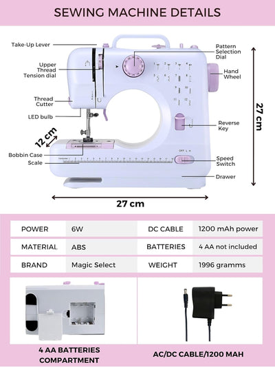 MAGIC SELECT 2X Mini-Nähmaschine mit 2 Geschwindigkeiten und 12 Stichen, Fusspedal, 2 Spulen, Ersatz