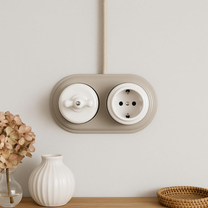 Aufputz Porzellan Retro Steckdose, All-in-One, Serie QR1 weiss
