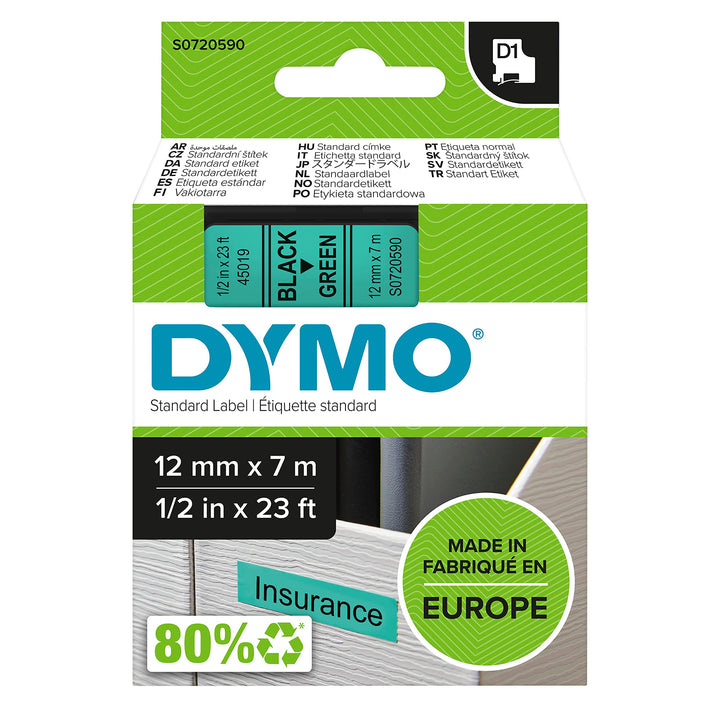 DYMO Original D1-Etikettenband, schwarz auf grün, 12 mm x 7 m, selbstklebendes Schriftband, für Labe