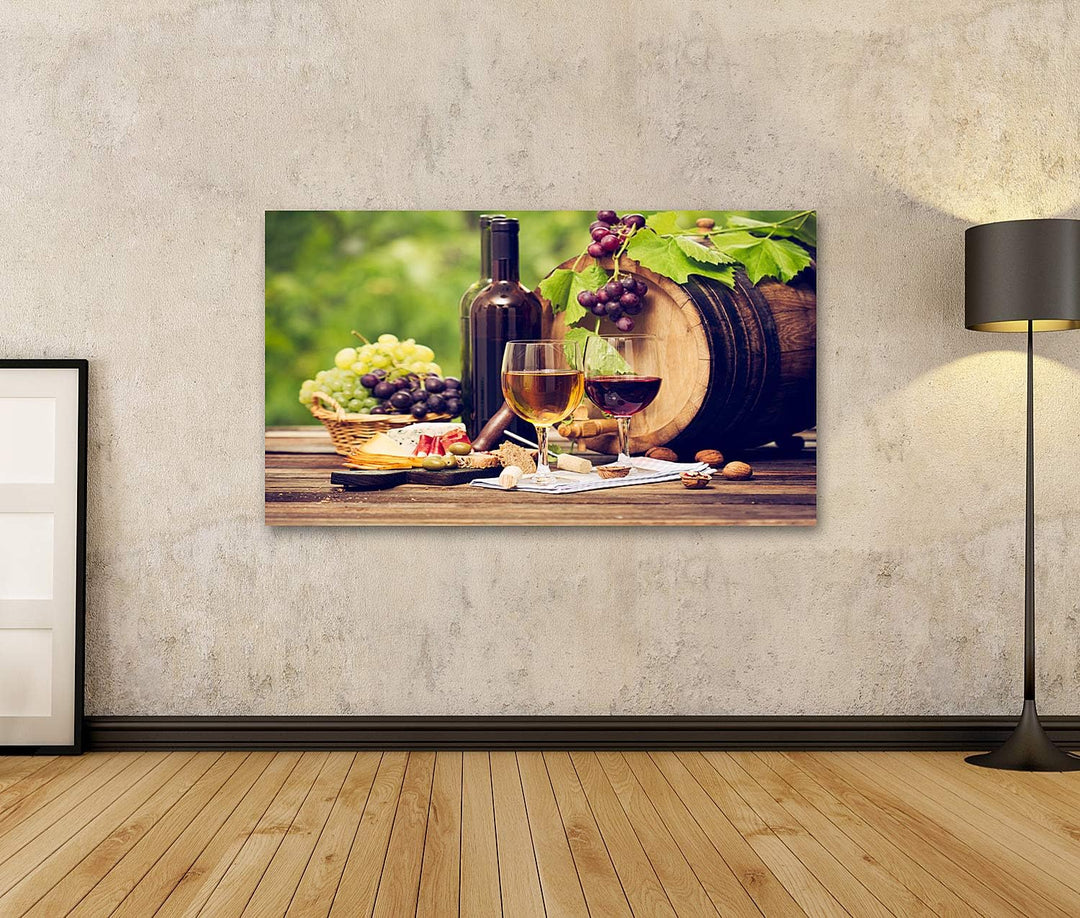 islandburner Bild auf Leinwand Wein Käse Tisch Close Up Bilder Wandbilder Poster Leinwand 100x57cm,