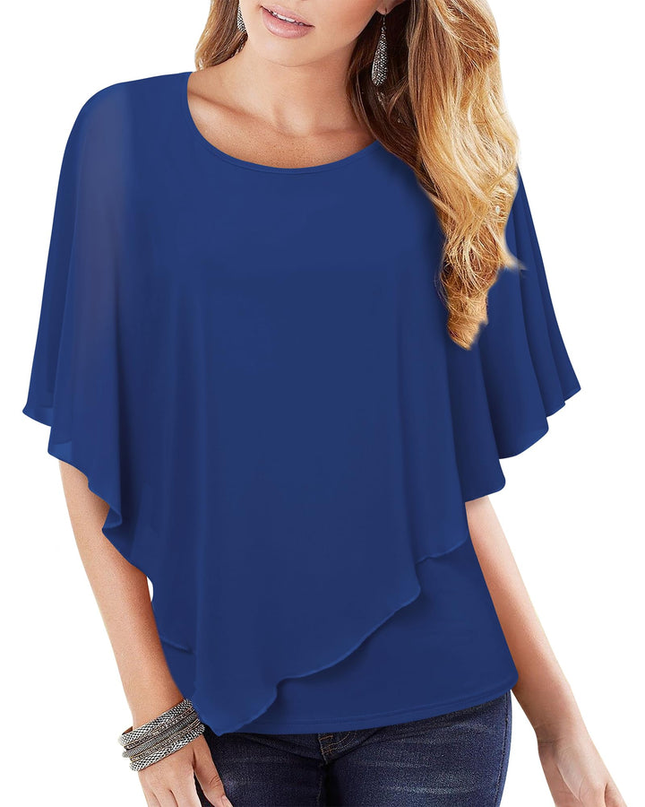 Vafoly Damen Chiffon Lose Fledermaus Bluse mit Kurzen Flatter ärmel Leichte Fliessende Bluse Rundhal