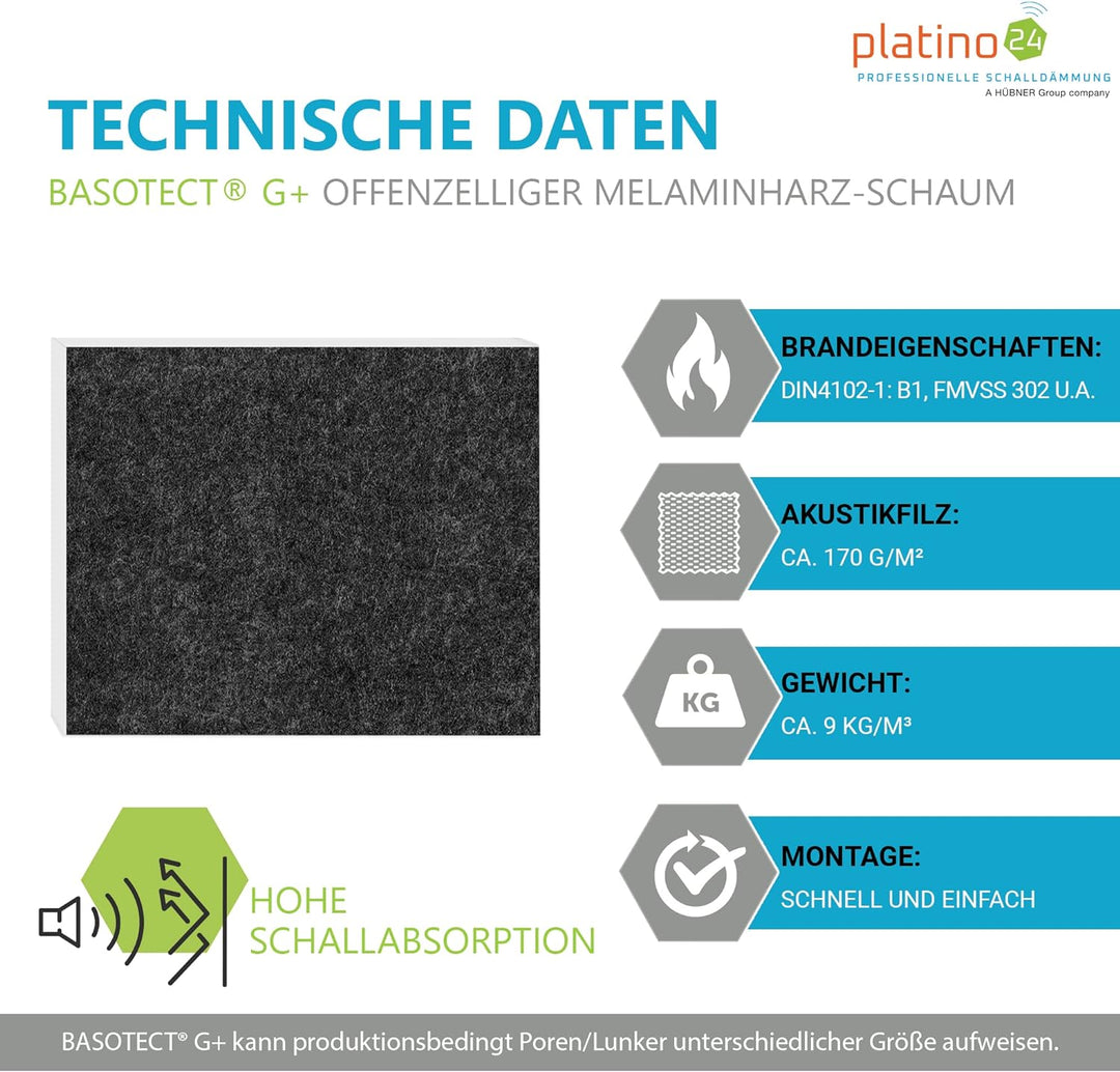 platino24 Schallabsorber Set aus Basotect G+ mit Akustikfilz, 4 Absorberelemente Rechteck je 825x550