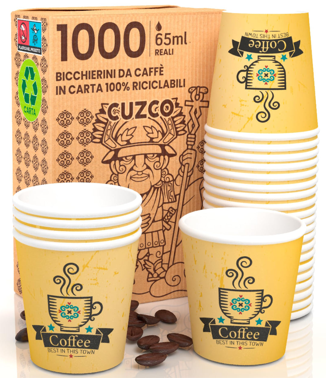 1000 Kaffeebecher aus Papier, 65 ml, CuzcoYellowCUP Umweltfreundliche &amp; biologisch abbaubare Einwegb