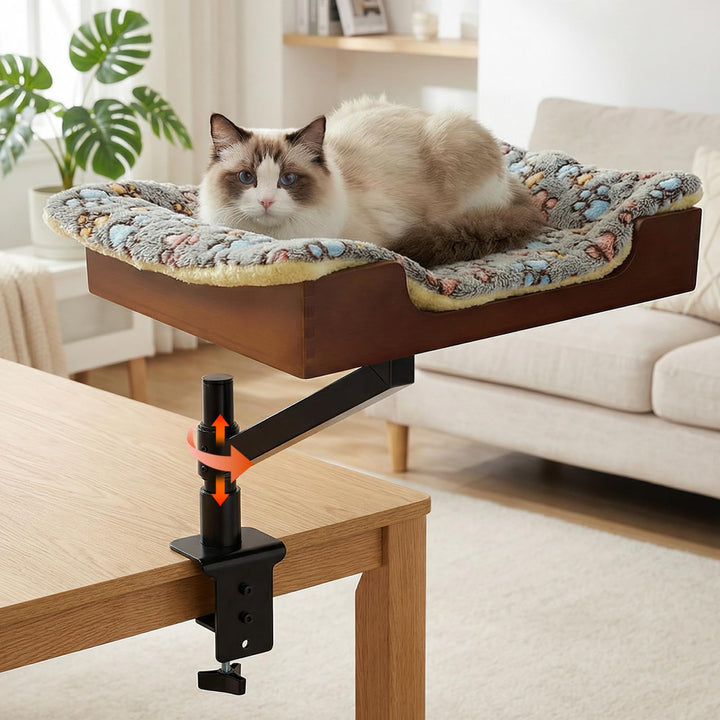 Katzen-Schreibtischbett mit Bambusfuss und Plüschbettwäsche.Stabile und robuste Klemme,höhenverstell