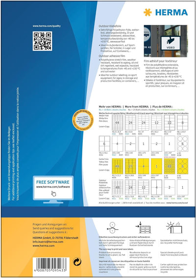HERMA 9543 Wetterfeste Folienetiketten, 40 Blatt, 210 x 297 mm, 1 Stück pro A4 Bogen, 40 Aufkleber,
