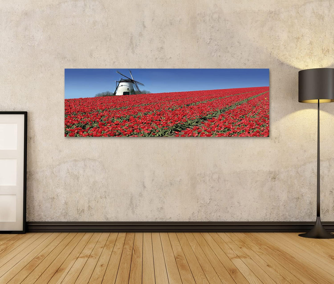 islandburner Bild auf Leinwand Holländische Mühle Rote Tulpen Bilder Wandbilder Poster AEBV-Pano Lei
