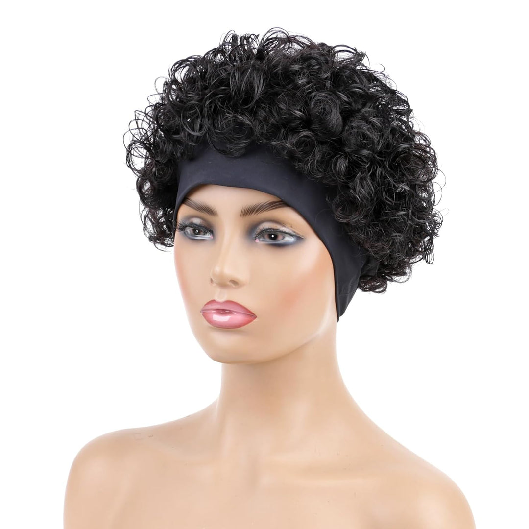 Huarisi Short Curly Pixie Cut Wigs for Women Glueless Human Hair Black Headband Bob Wig None Lace We