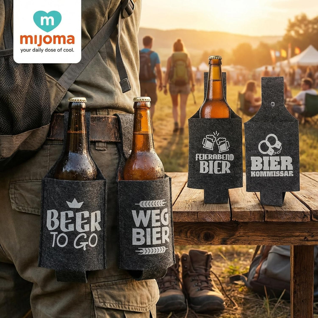 MIJOMA Bierholster 4er Set aus Filz – Bierhalter für Gürtel – tragbares Flaschenholster für unterweg