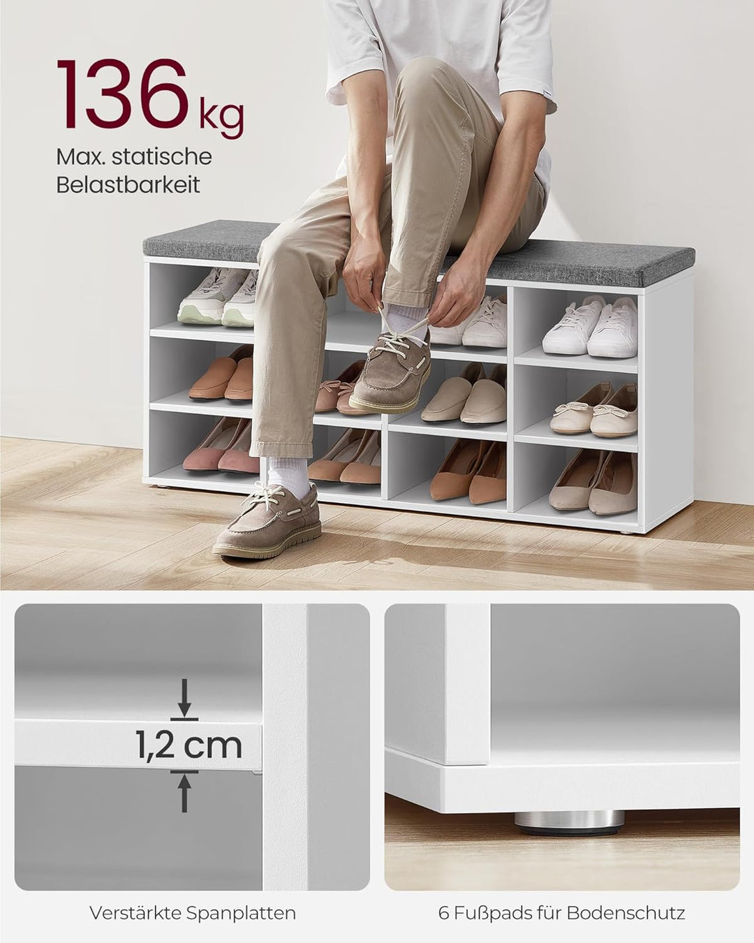 VASAGLE Schuhbank, Schuhregal mit Sitzfläche, Sitzbank mit Stauraum, Kissen, 12 Fächer, verstellbare