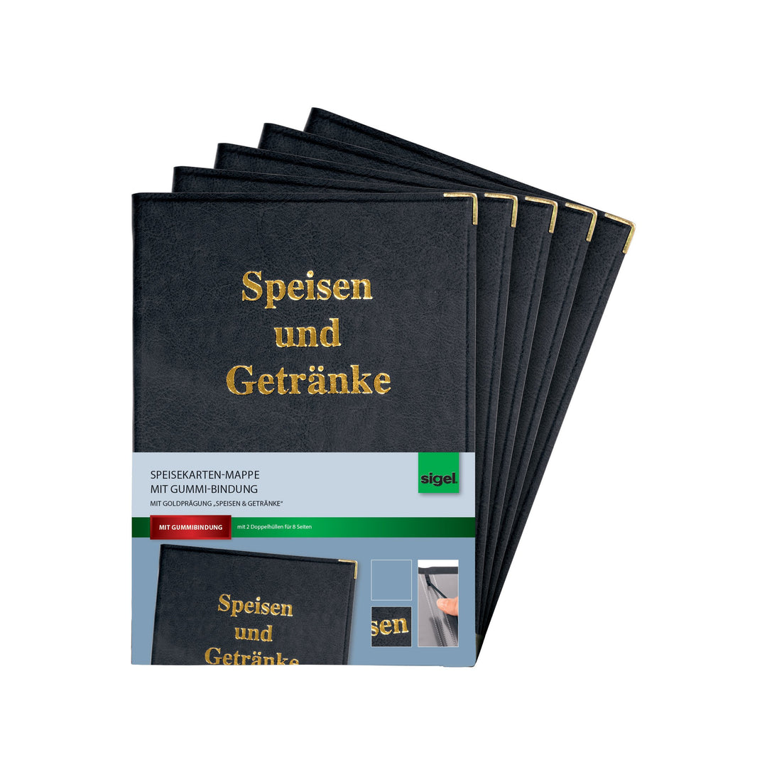 SIGEL SM101/5 Speisekarten-Mappen für A5, Menükarte, 5er Pack mit Gummi-Bindung, schwarz mit Goldprä