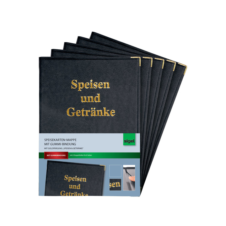 SIGEL SM101/5 Speisekarten-Mappen für A5, Menükarte, 5er Pack mit Gummi-Bindung, schwarz mit Goldprä
