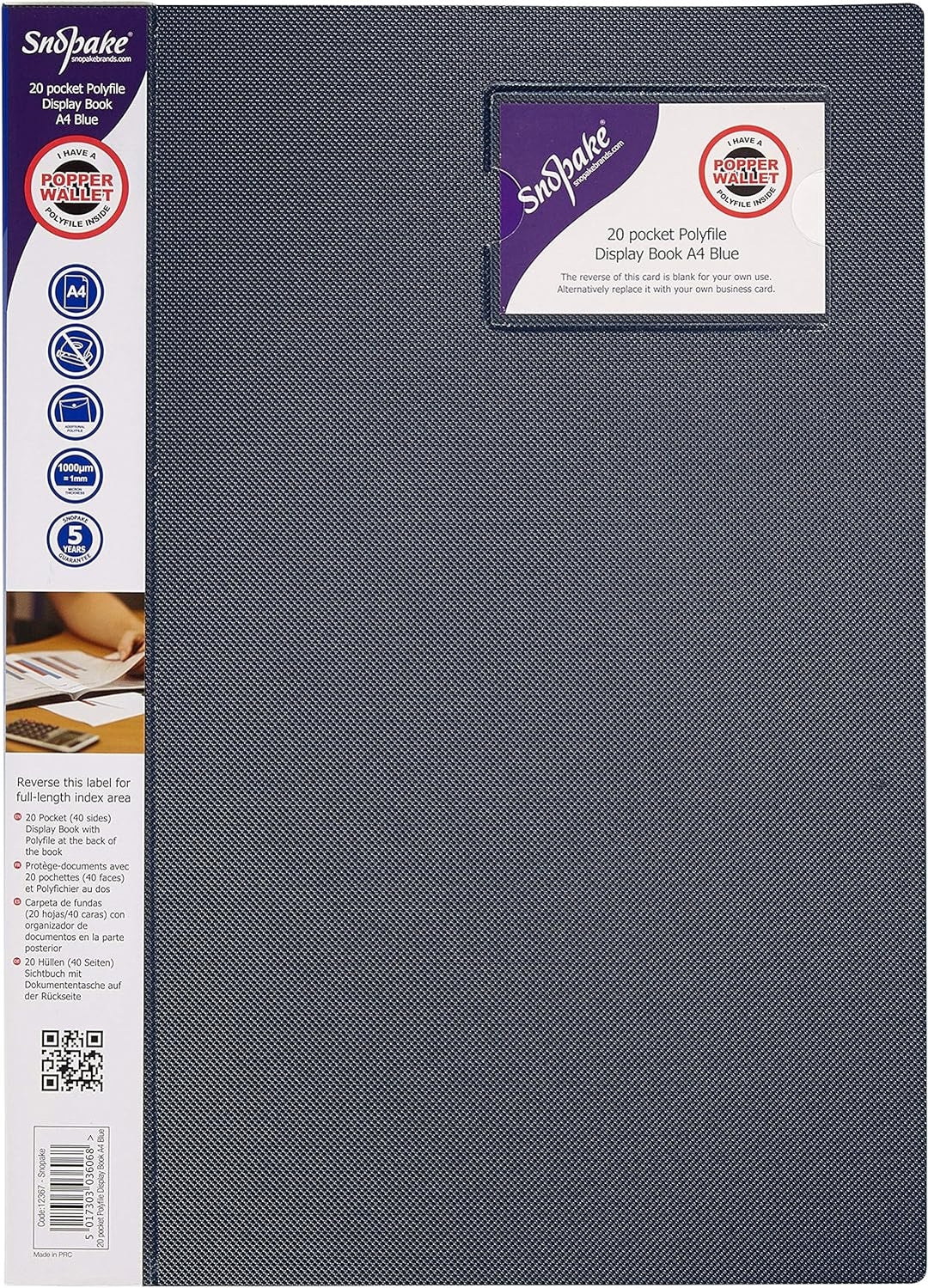 Snopake Sichtbuch A4, 20 Hüllen, Blau, 5 Stück, Ref: 12367, 5 Stück