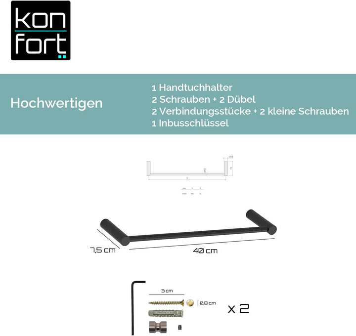 Kon-fort Home Handtuchhalter Schwarz 40cm zum Bohren Bad, Edelstahl Gebürstet Wandmontage, Handtuchs