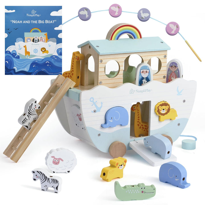 SIMPLIPLAY Holzspielzeug Arche Noah – Montessori STEM Lernspielzeug für Kleinkinder mit Geschichtenb