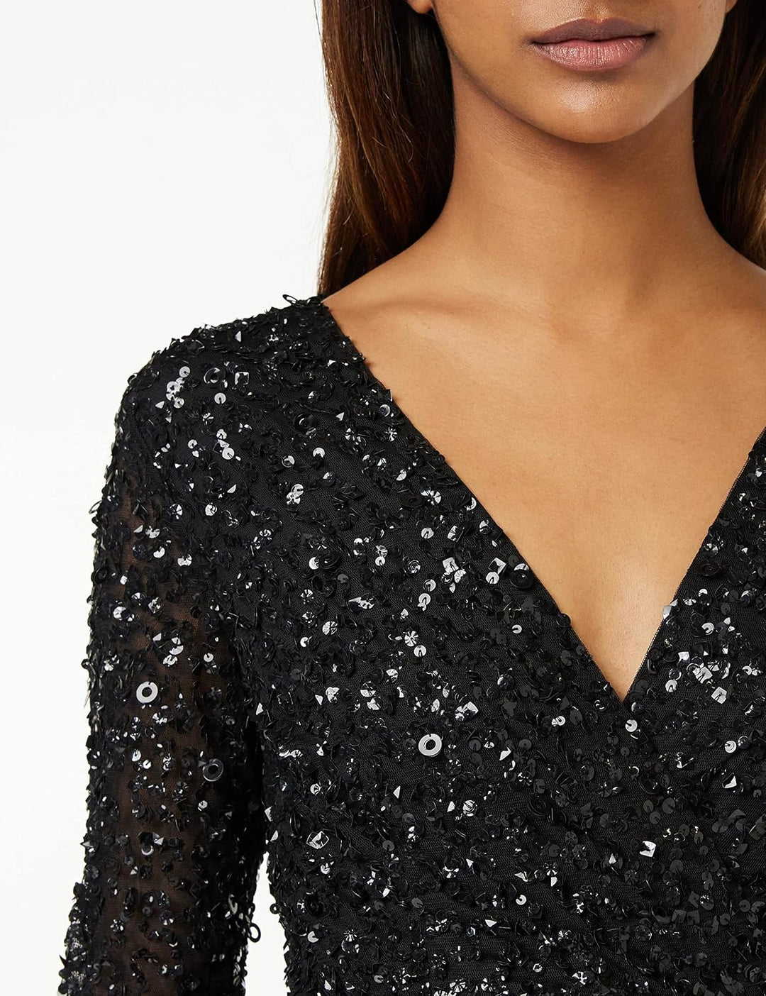 Maya Deluxe Damen Ladies Maxi Dress Women with Long Sleeves V Neckline Plunging Sequin Embellished f