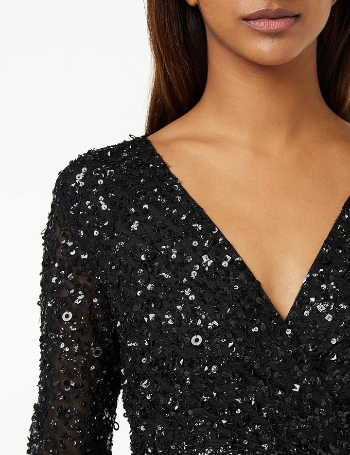 Maya Deluxe Damen Ladies Maxi Dress Women with Long Sleeves V Neckline Plunging Sequin Embellished f