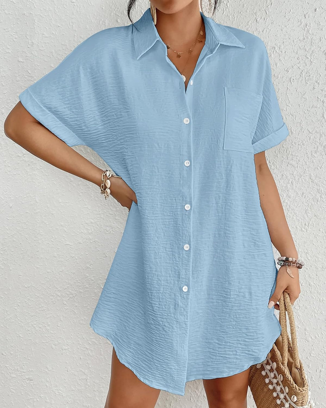 Bsubseach Frauen Badeanzug Coverup Shirt Kleid Button Down Badeanzug Cover Up Beachwear, Himmelblau