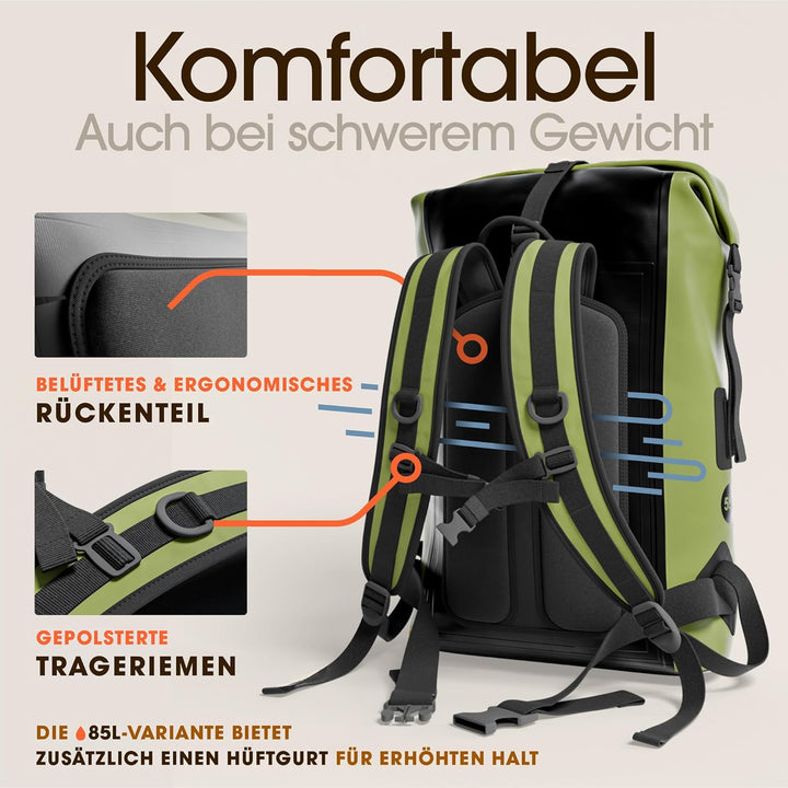 Earth Pak wasserdichter Rucksack – 35L / 55L Waterproof Backpack mit leistungsstarkem Rolltop Rollve