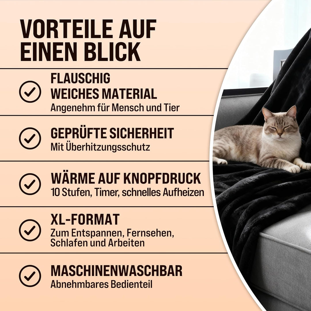 Monzana® Elektrische Heizdecke 180x130cm 120W 10 Heizstufen 10h Timer Abschaltautomatik Überhitzungs