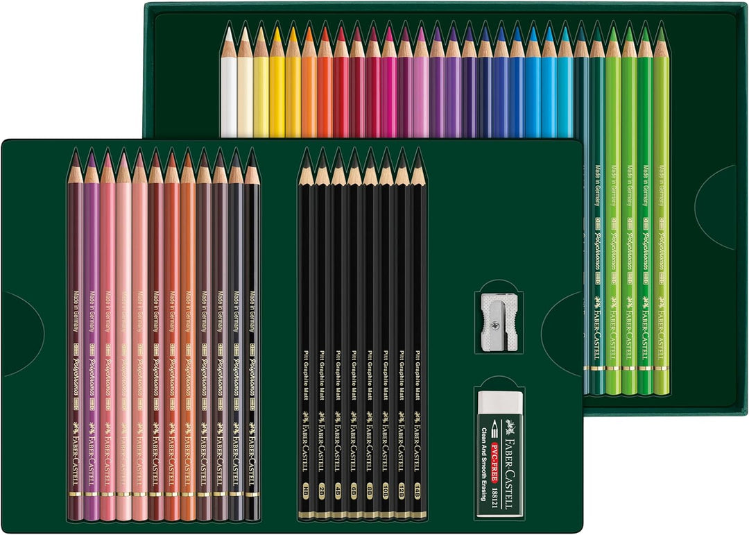 FABER-CASTELL 210054 - Zeichenset 50-teilig mit Polychromos Buntstifte und Bleistifte Pitt Graphite