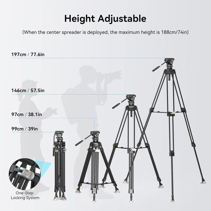 SMALLRIG 78 Zoll Videostativ Heavy Carbon Fiber Tripod, One-Step Locking System, 360°-Fluidkopf und