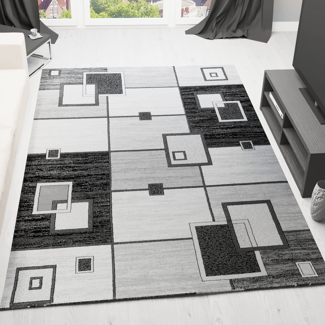 VIMODA Designer Teppich Wohnzimmer Grau Anthrazit Kariert Retro mit geometrischen Motiven und Farbve
