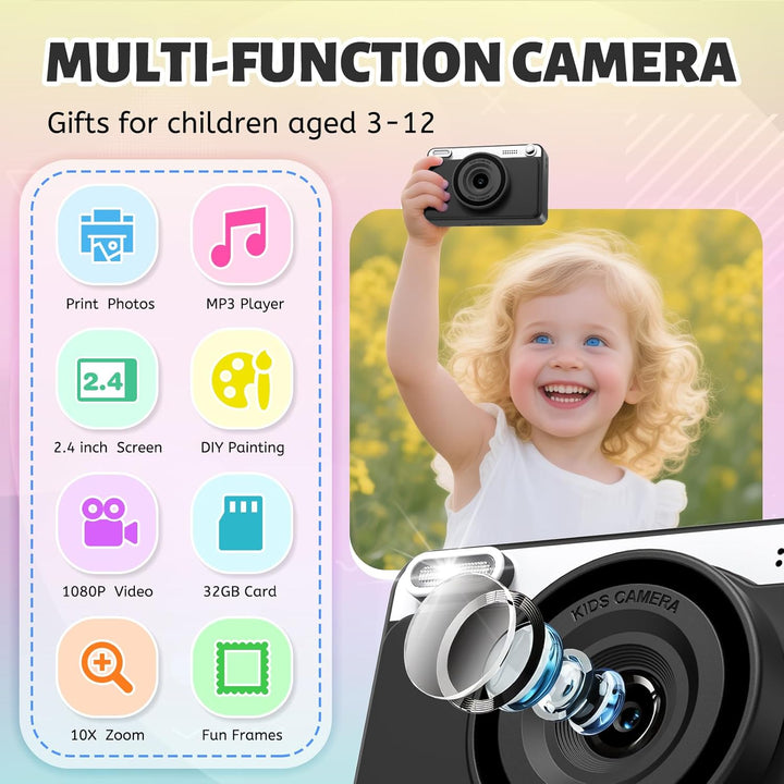 Sofortbildkamera Kinder, 2.4 Zoll Bildschirm Kinderkamera Sofortbildkamera mit 32GB Speicherkarte &