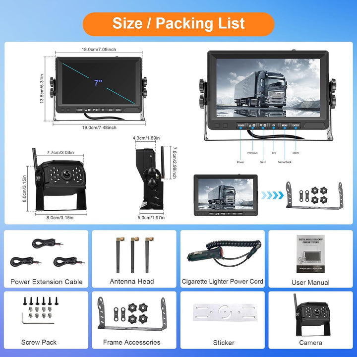 VECHTEL 1080P Drahtlose Rückfahrkamera, Kit Monitor mit 7 Zoll IPS Bildschirm für LKW, Bus, Van, Woh