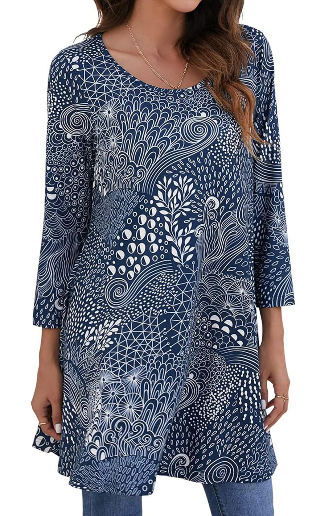 Enmain Damen Tunika Shirt Langarm/Kurzarm Longshirt Paisley Blumen 3/4 ärmel Locker Tops Sitzende Ob