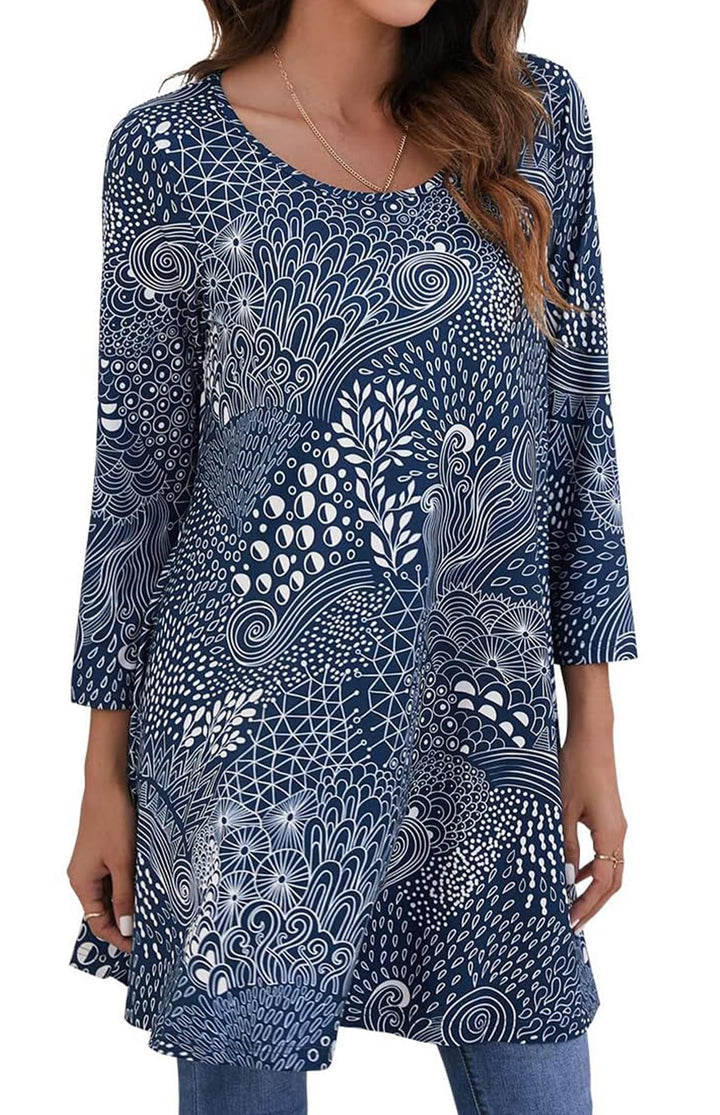 Enmain Damen Tunika Shirt Langarm/Kurzarm Longshirt Paisley Blumen 3/4 ärmel Locker Tops Sitzende Ob