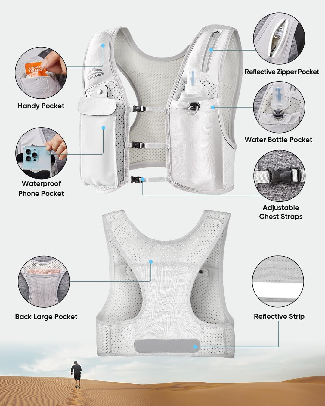 Zelvot Laufweste für Damen und Herren, Europäisches Originalpatent, Verstellbare Brustgurte, Trinkwe