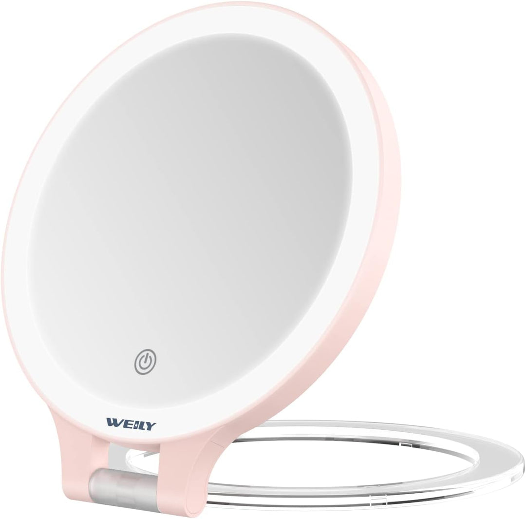 WEILY Schminkspiegel mit Beleuchtung, 10X/1X Vergrösserung Doppelseitiger Kosmetikspiegel mit 3 Farb