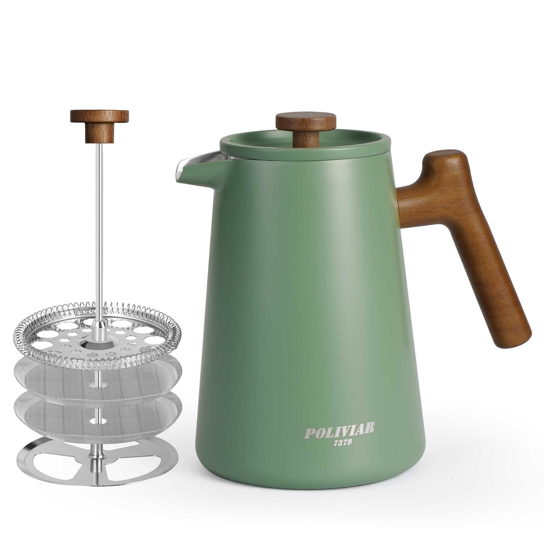 POLIVIAR 7379 French Press 1 Liter Edelstahl, Doppelwandige French Press Thermo Kaffeepresse mit Hol