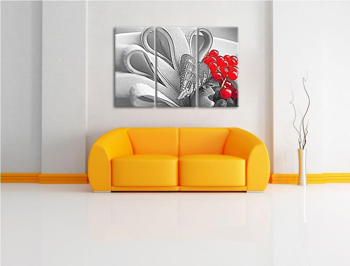 bunte frische Obstschale schwarz/weiss Deluxe 3-Teiler Leinwandbild 120x80 Bild auf Leinwand, XXL ri