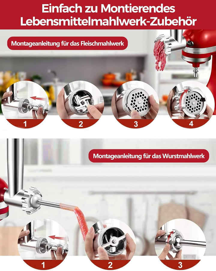 Fleischwolf Aufsatz für KitchenAid Standmixer, Edelstahl Fleischwolf Aufsatz Enthält Wurstfüller, Re