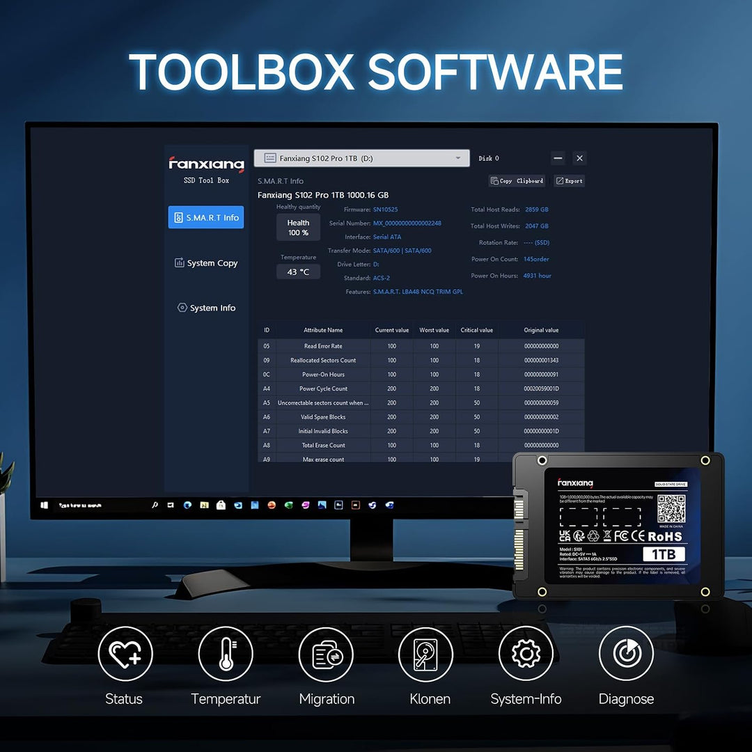 fanxiang SATA SSD 2TB 2,5 Zoll Interne SSD 550 MB/s Lesen, 500 MB/s Schreiben, Festplatte für schnel