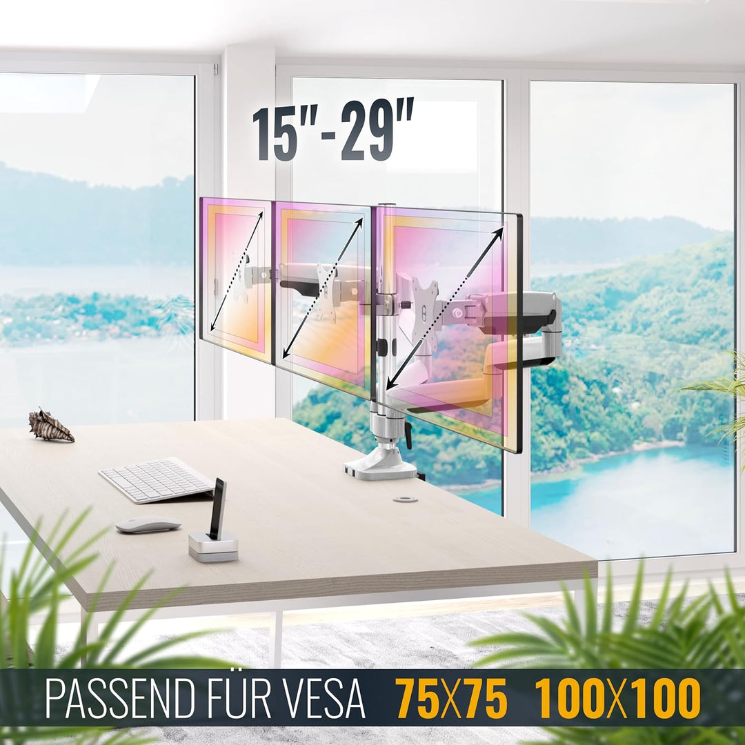 RICOO Triple Monitor Halterung Tisch Gasdruckfeder für 15-29 Zoll, Ergonomisch, VESA Tischhalterung,