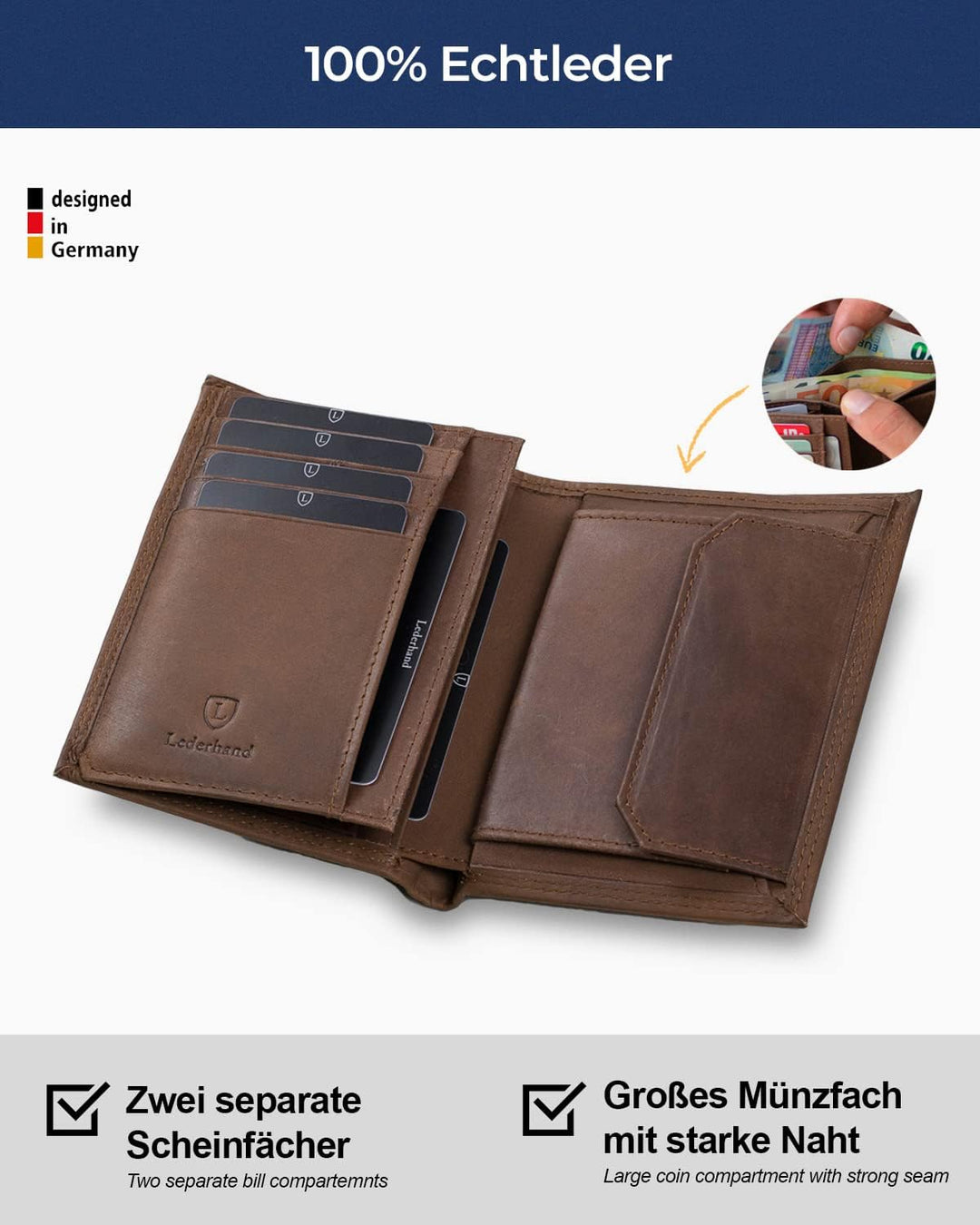 iClassy Hochformat - Echtleder Geldbörse handgemacht und doppelt genäht Portemonnaie mit Münzfach un