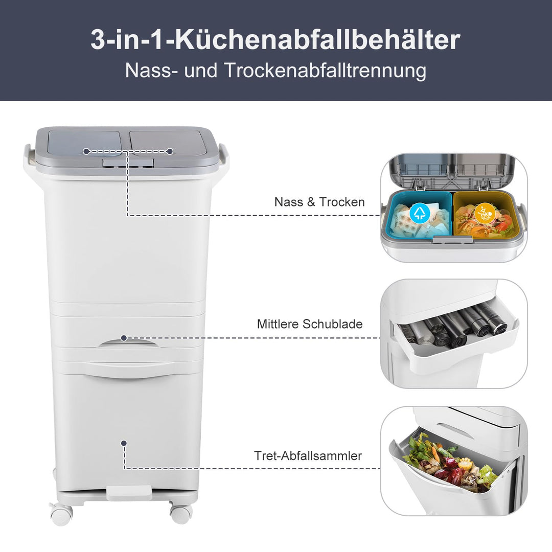 Mülleimer Küche mit 3 Fächern, Küchenmülleimer 42L, Tretmülleimer, Abfalleimer mit Deckel, Recycelba