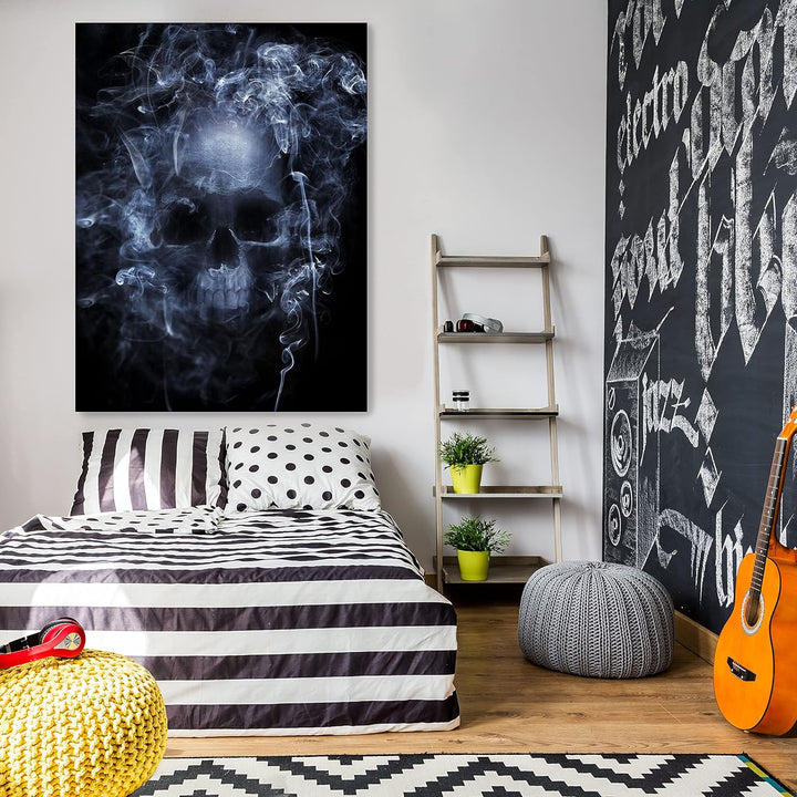wandmotiv24 Totenkopf Wandbild aus Acrylglas, Grösse 80x60cm, Hochformat, Schädel im Rauch, Schwarz,